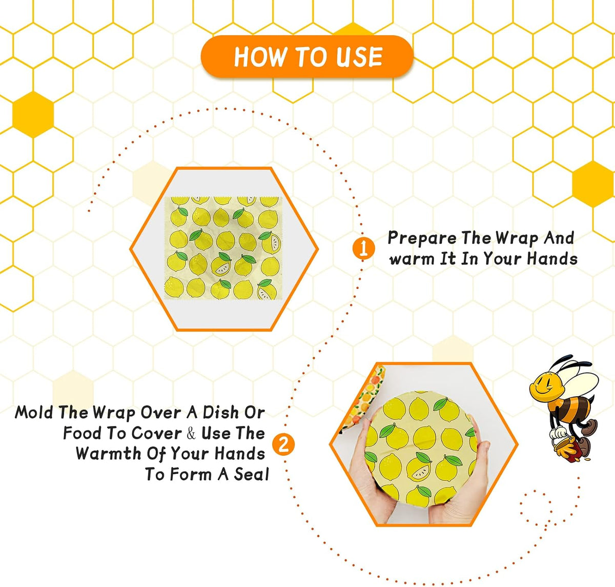 Beeswax Wrap - 3 Pack, Beeswax Wraps For Food, Organic, Sustainable, Biodegradable, Zero Waste, Reusable Beeswax Food Wrap, 1L Strawberry, 1M Orange, 1S Lemon Patterns