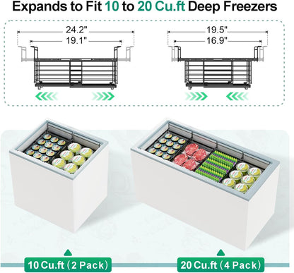 Freezer Organizer Bins - Hanging Baskets for Storage, 2 Pack White | Expandable Length for 10 to 20 Cu. Ft Chest Freezer, Maximized Top Storage, Sliding Access & Easy Restocking, No More Digging