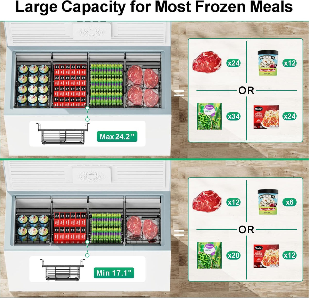 Freezer Organizer Bins - Hanging Baskets for Storage, 2 Pack White | Expandable Length for 10 to 20 Cu. Ft Chest Freezer, Maximized Top Storage, Sliding Access & Easy Restocking, No More Digging