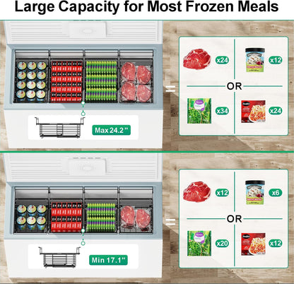 Freezer Organizer Bins - Hanging Baskets for Storage, 2 Pack White | Expandable Length for 10 to 20 Cu. Ft Chest Freezer, Maximized Top Storage, Sliding Access & Easy Restocking, No More Digging