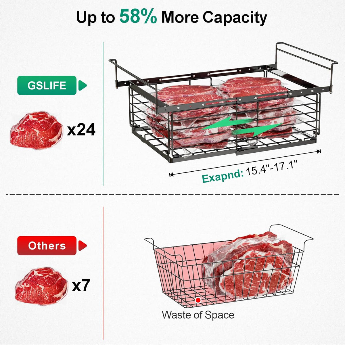 Freezer Organizer Bins - Hanging Baskets for Storage, 2 Pack White | Expandable Length for 10 to 20 Cu. Ft Chest Freezer, Maximized Top Storage, Sliding Access & Easy Restocking, No More Digging