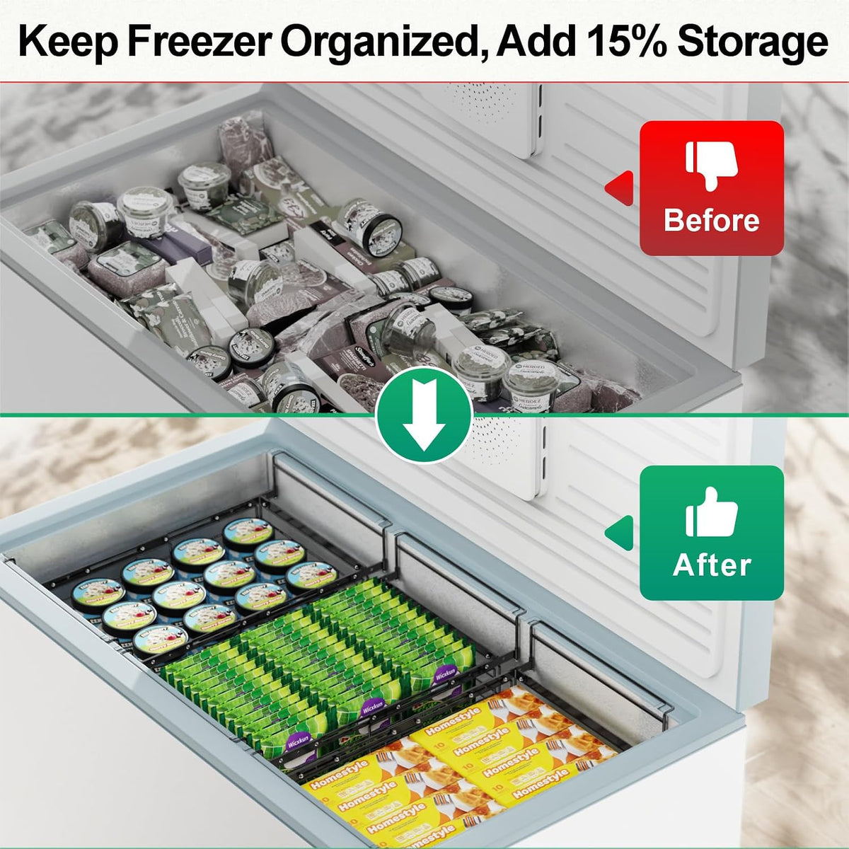 Freezer Organizer Bins - Hanging Baskets for Storage, 2 Pack White | Expandable Length for 10 to 20 Cu. Ft Chest Freezer, Maximized Top Storage, Sliding Access & Easy Restocking, No More Digging