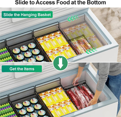 Freezer Organizer Bins - Hanging Baskets for Storage, 2 Pack White | Expandable Length for 10 to 20 Cu. Ft Chest Freezer, Maximized Top Storage, Sliding Access & Easy Restocking, No More Digging