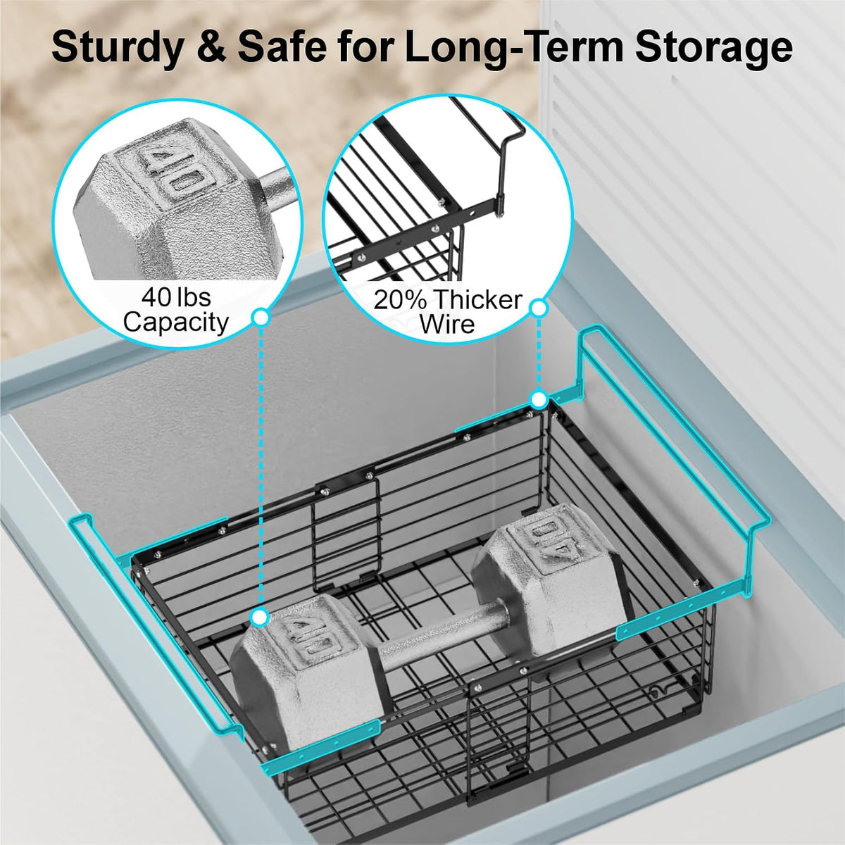 Freezer Organizer Bins - Hanging Baskets for Storage, 2 Pack White | Expandable Length for 10 to 20 Cu. Ft Chest Freezer, Maximized Top Storage, Sliding Access & Easy Restocking, No More Digging