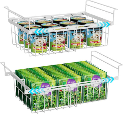 Freezer Organizer Bins - Hanging Baskets for Storage, 2 Pack White | Expandable Length for 10 to 20 Cu. Ft Chest Freezer, Maximized Top Storage, Sliding Access & Easy Restocking, No More Digging