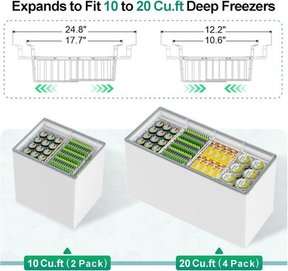 Freezer Organizer Bins - Hanging Baskets for Storage, 2 Pack White | Expandable Length for 10 to 20 Cu. Ft Chest Freezer, Maximized Top Storage, Sliding Access & Easy Restocking, No More Digging