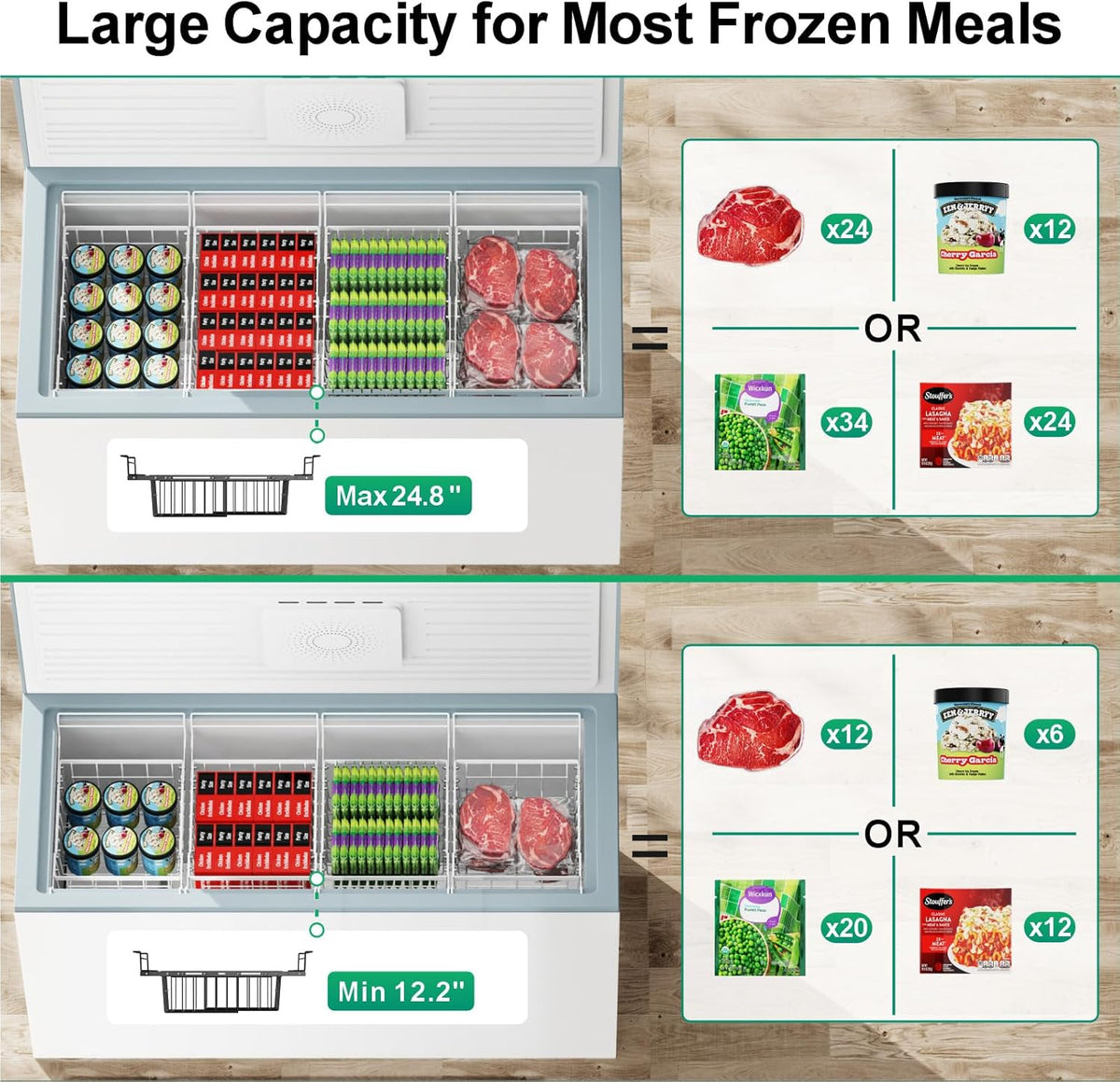 Freezer Organizer Bins - Hanging Baskets for Storage, 2 Pack White | Expandable Length for 10 to 20 Cu. Ft Chest Freezer, Maximized Top Storage, Sliding Access & Easy Restocking, No More Digging