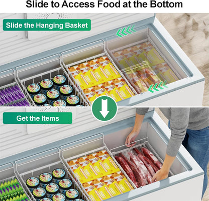 Freezer Organizer Bins - Hanging Baskets for Storage, 2 Pack White | Expandable Length for 10 to 20 Cu. Ft Chest Freezer, Maximized Top Storage, Sliding Access & Easy Restocking, No More Digging