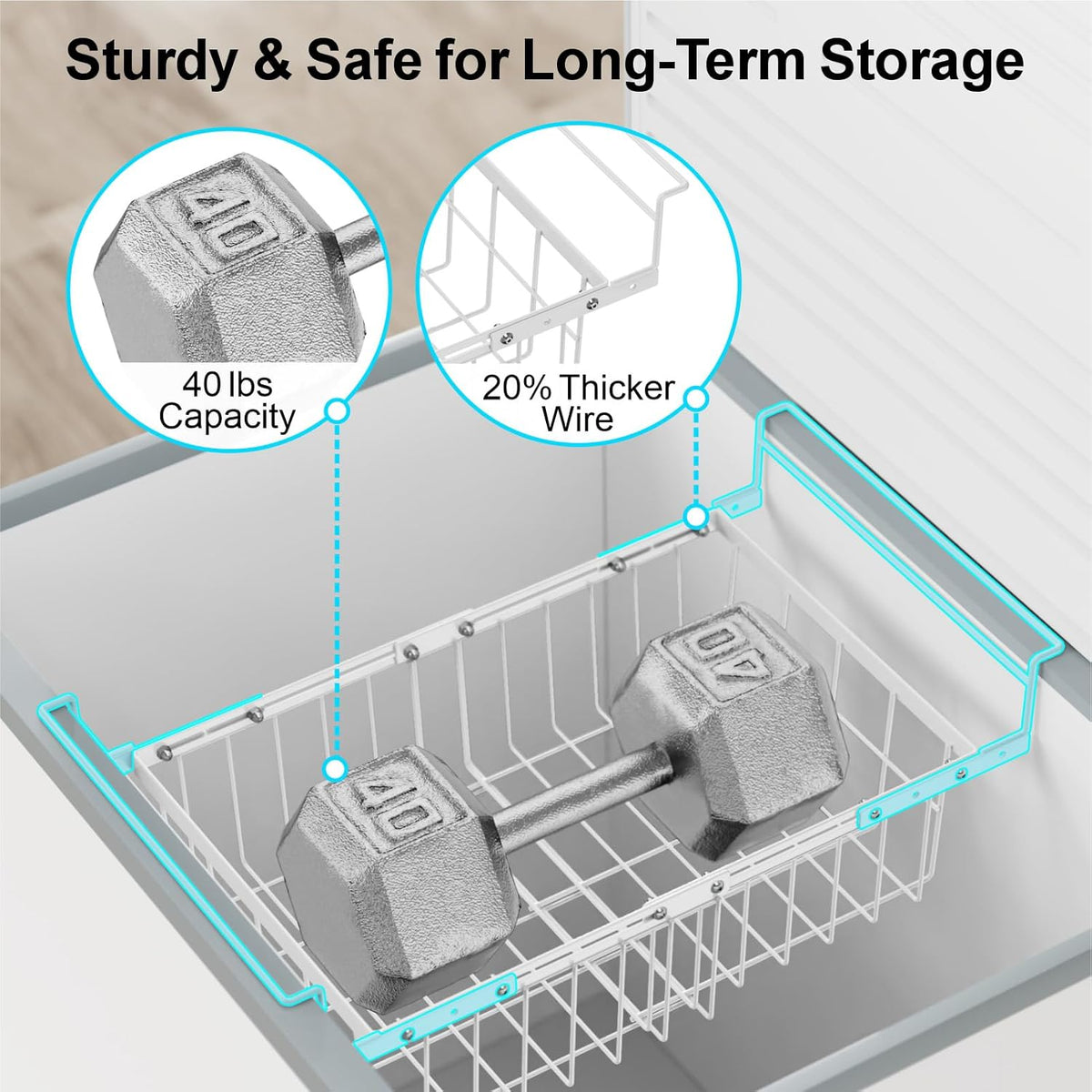 Freezer Organizer Bins - Hanging Baskets for Storage, 2 Pack White | Expandable Length for 10 to 20 Cu. Ft Chest Freezer, Maximized Top Storage, Sliding Access & Easy Restocking, No More Digging