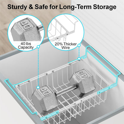 Freezer Organizer Bins - Hanging Baskets for Storage, 2 Pack White | Expandable Length for 10 to 20 Cu. Ft Chest Freezer, Maximized Top Storage, Sliding Access & Easy Restocking, No More Digging
