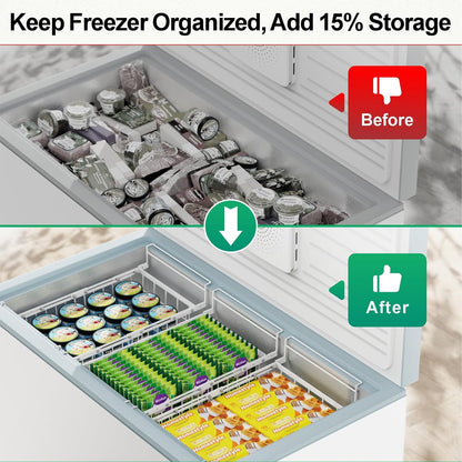 Freezer Organizer Bins - Hanging Baskets for Storage, 2 Pack White | Expandable Length for 10 to 20 Cu. Ft Chest Freezer, Maximized Top Storage, Sliding Access & Easy Restocking, No More Digging