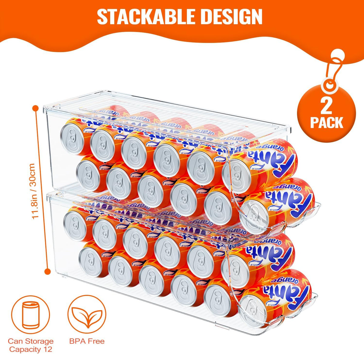 SCAVATA 2 Pack Soda Can Organizer for Refrigerator, Stackable Canned Food Pop Cans Container Can Holder Dispenser with Lid for Fridge Rack Freezer, Clear Storage Bins-Holds 12 Cans Each (Clear)