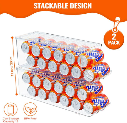 SCAVATA 2 Pack Soda Can Organizer for Refrigerator, Stackable Canned Food Pop Cans Container Can Holder Dispenser with Lid for Fridge Rack Freezer, Clear Storage Bins-Holds 12 Cans Each (Clear)