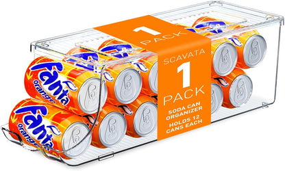 SCAVATA 2 Pack Soda Can Organizer for Refrigerator, Stackable Canned Food Pop Cans Container Can Holder Dispenser with Lid for Fridge Rack Freezer, Clear Storage Bins-Holds 12 Cans Each (Clear)
