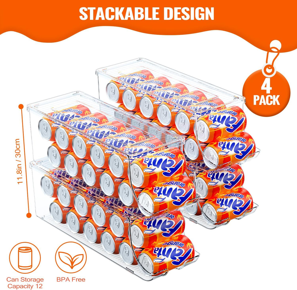SCAVATA 2 Pack Soda Can Organizer for Refrigerator, Stackable Canned Food Pop Cans Container Can Holder Dispenser with Lid for Fridge Rack Freezer, Clear Storage Bins-Holds 12 Cans Each (Clear)
