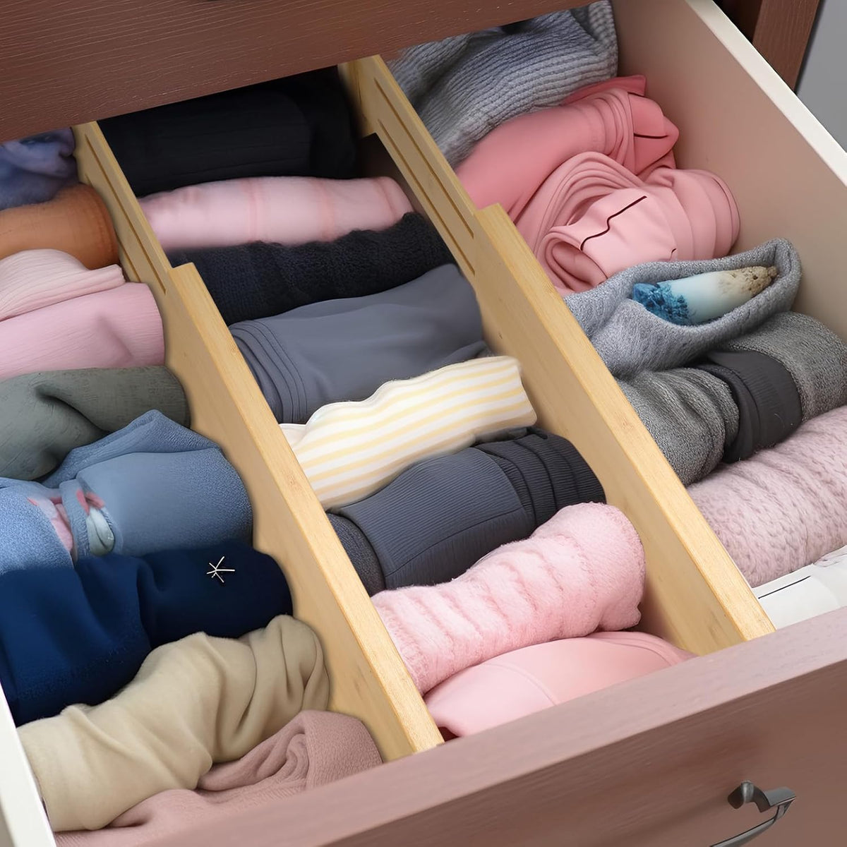 Dresser Drawer Organizers 6 Pack, 4.65'' High Adjustable from 12.5-17‘’ Bamboo Drawer Dividers for Clothing Baby Clothes, Wooden Separators for Dresser Nursery Organization with Soft Foam Ends