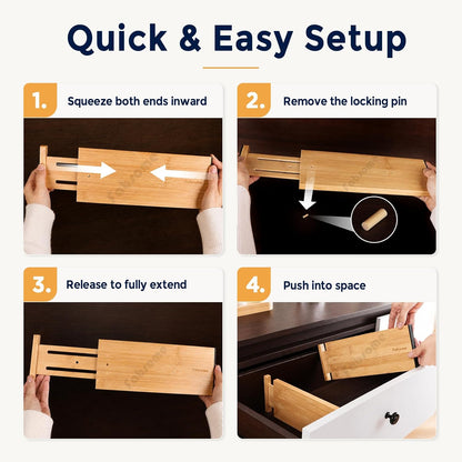 Dresser Drawer Organizers 6 Pack, 4.65'' High Adjustable from 12.5-17‘’ Bamboo Drawer Dividers for Clothing Baby Clothes, Wooden Separators for Dresser Nursery Organization with Soft Foam Ends