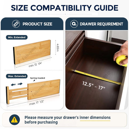 Dresser Drawer Organizers 6 Pack, 4.65'' High Adjustable from 12.5-17‘’ Bamboo Drawer Dividers for Clothing Baby Clothes, Wooden Separators for Dresser Nursery Organization with Soft Foam Ends