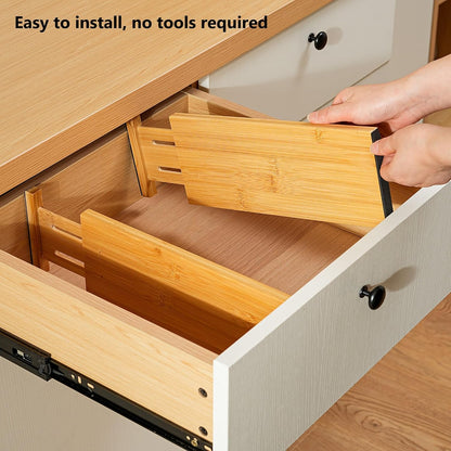 Dresser Drawer Organizers 6 Pack, 4.65'' High Adjustable from 12.5-17‘’ Bamboo Drawer Dividers for Clothing Baby Clothes, Wooden Separators for Dresser Nursery Organization with Soft Foam Ends
