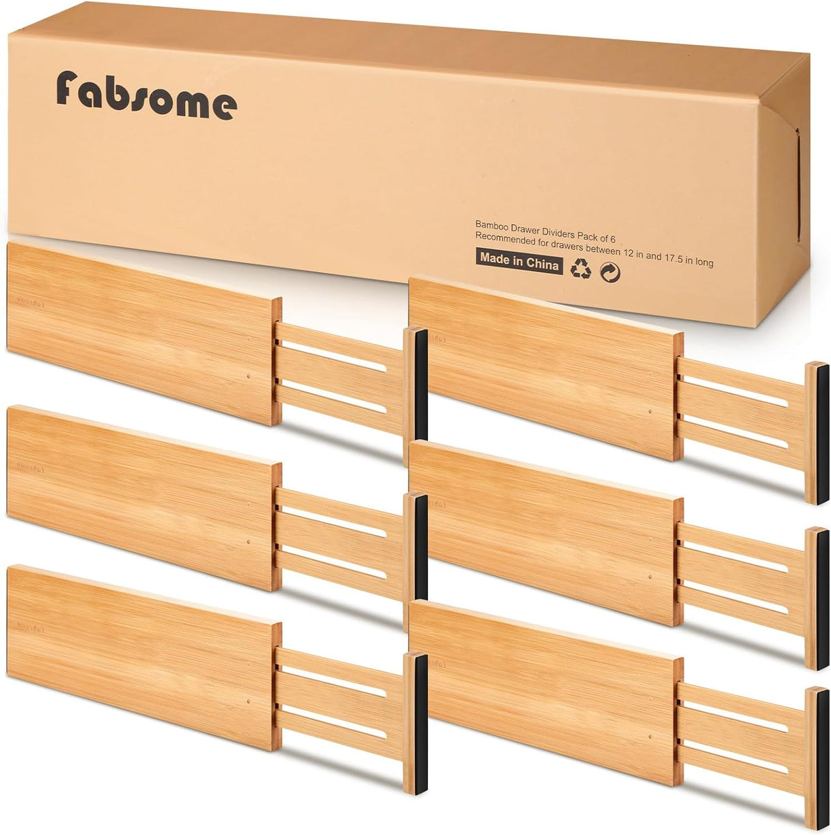 Dresser Drawer Organizers 6 Pack, 4.65'' High Adjustable from 12.5-17‘’ Bamboo Drawer Dividers for Clothing Baby Clothes, Wooden Separators for Dresser Nursery Organization with Soft Foam Ends