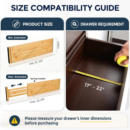 Dresser Drawer Organizers 6 Pack, 4.65'' High Adjustable from 12.5-17‘’ Bamboo Drawer Dividers for Clothing Baby Clothes, Wooden Separators for Dresser Nursery Organization with Soft Foam Ends