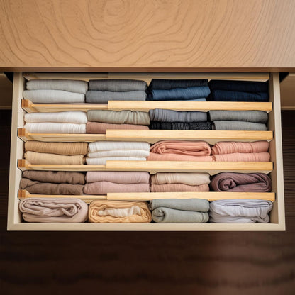 Dresser Drawer Organizers 6 Pack, 4.65'' High Adjustable from 12.5-17‘’ Bamboo Drawer Dividers for Clothing Baby Clothes, Wooden Separators for Dresser Nursery Organization with Soft Foam Ends