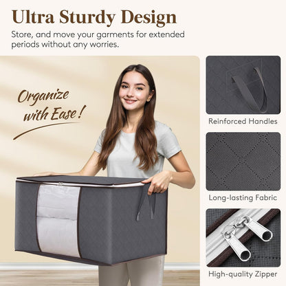 6 Pack Clothes Storage Bins with Lids, Foldable Blanket Storage Bags with Zippers, Clear Window and Reinforced Handles, Closet and Organization for Clothing, Sweater, Comforter, Bedding
