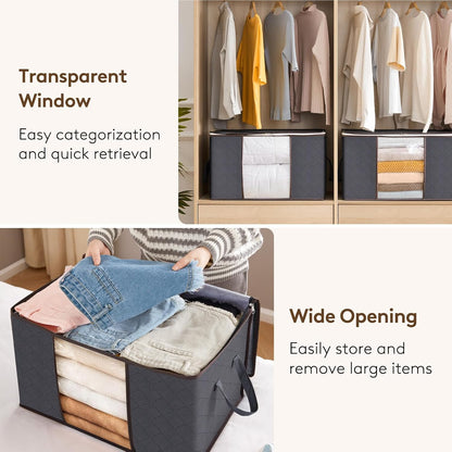 6 Pack Clothes Storage Bins with Lids, Foldable Blanket Storage Bags with Zippers, Clear Window and Reinforced Handles, Closet and Organization for Clothing, Sweater, Comforter, Bedding