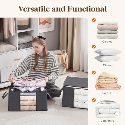 6 Pack Clothes Storage Bins with Lids, Foldable Blanket Storage Bags with Zippers, Clear Window and Reinforced Handles, Closet and Organization for Clothing, Sweater, Comforter, Bedding