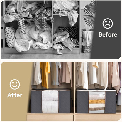 6 Pack Clothes Storage Bins with Lids, Foldable Blanket Storage Bags with Zippers, Clear Window and Reinforced Handles, Closet and Organization for Clothing, Sweater, Comforter, Bedding