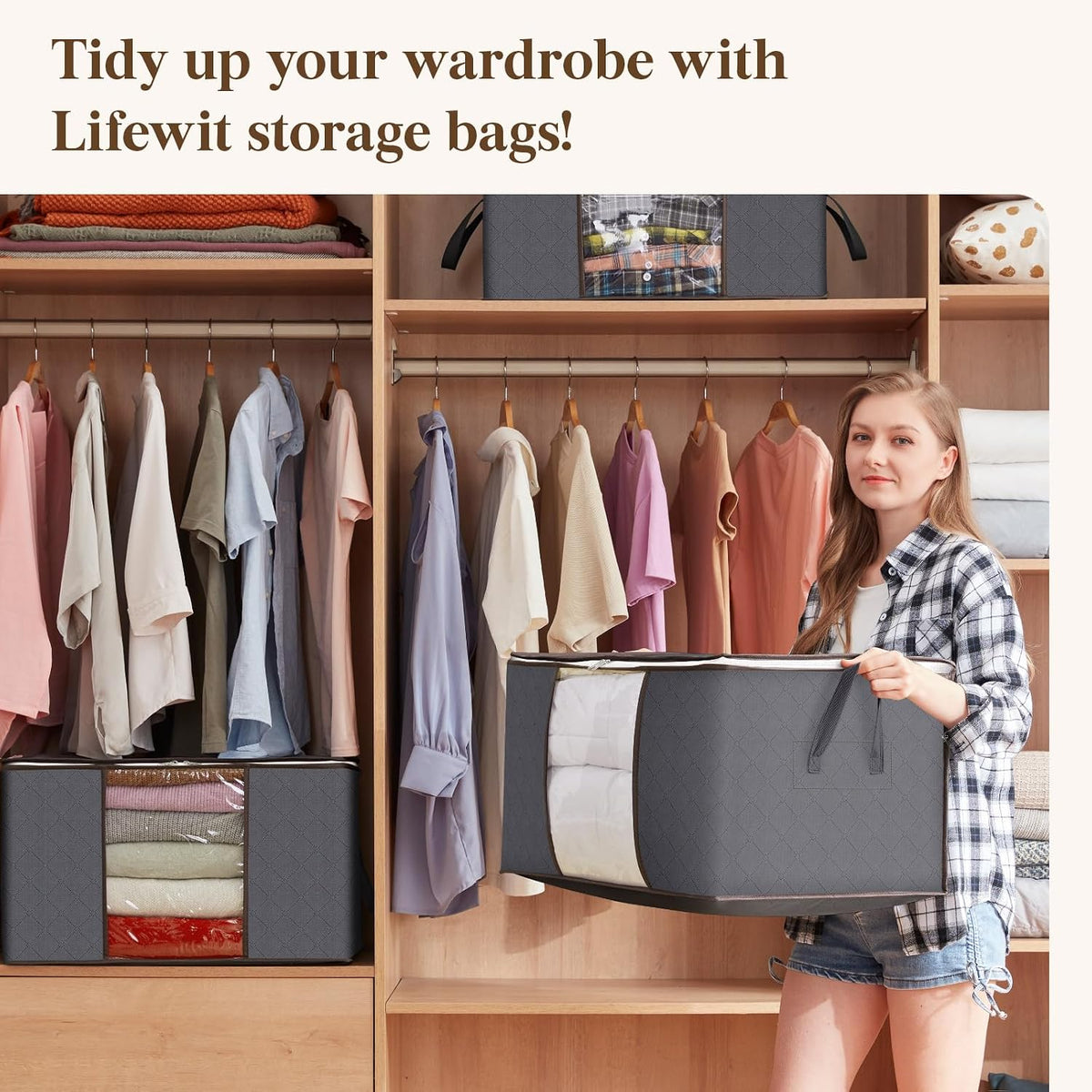 6 Pack Clothes Storage Bins with Lids, Foldable Blanket Storage Bags with Zippers, Clear Window and Reinforced Handles, Closet and Organization for Clothing, Sweater, Comforter, Bedding