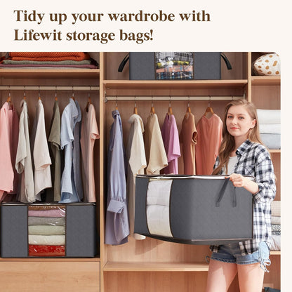 6 Pack Clothes Storage Bins with Lids, Foldable Blanket Storage Bags with Zippers, Clear Window and Reinforced Handles, Closet and Organization for Clothing, Sweater, Comforter, Bedding