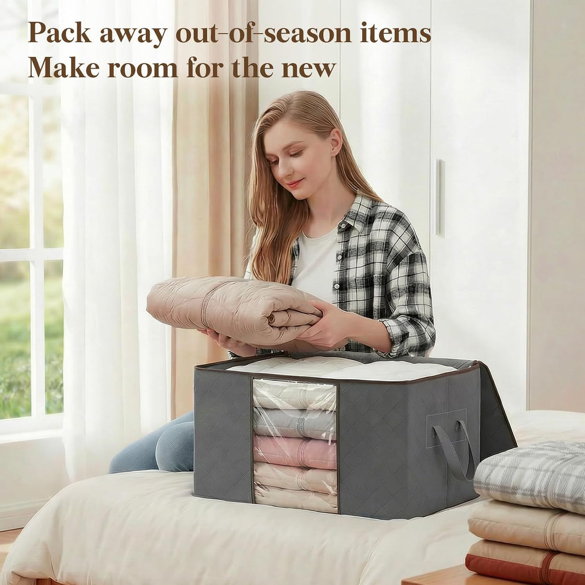 6 Pack Clothes Storage Bins with Lids, Foldable Blanket Storage Bags with Zippers, Clear Window and Reinforced Handles, Closet and Organization for Clothing, Sweater, Comforter, Bedding