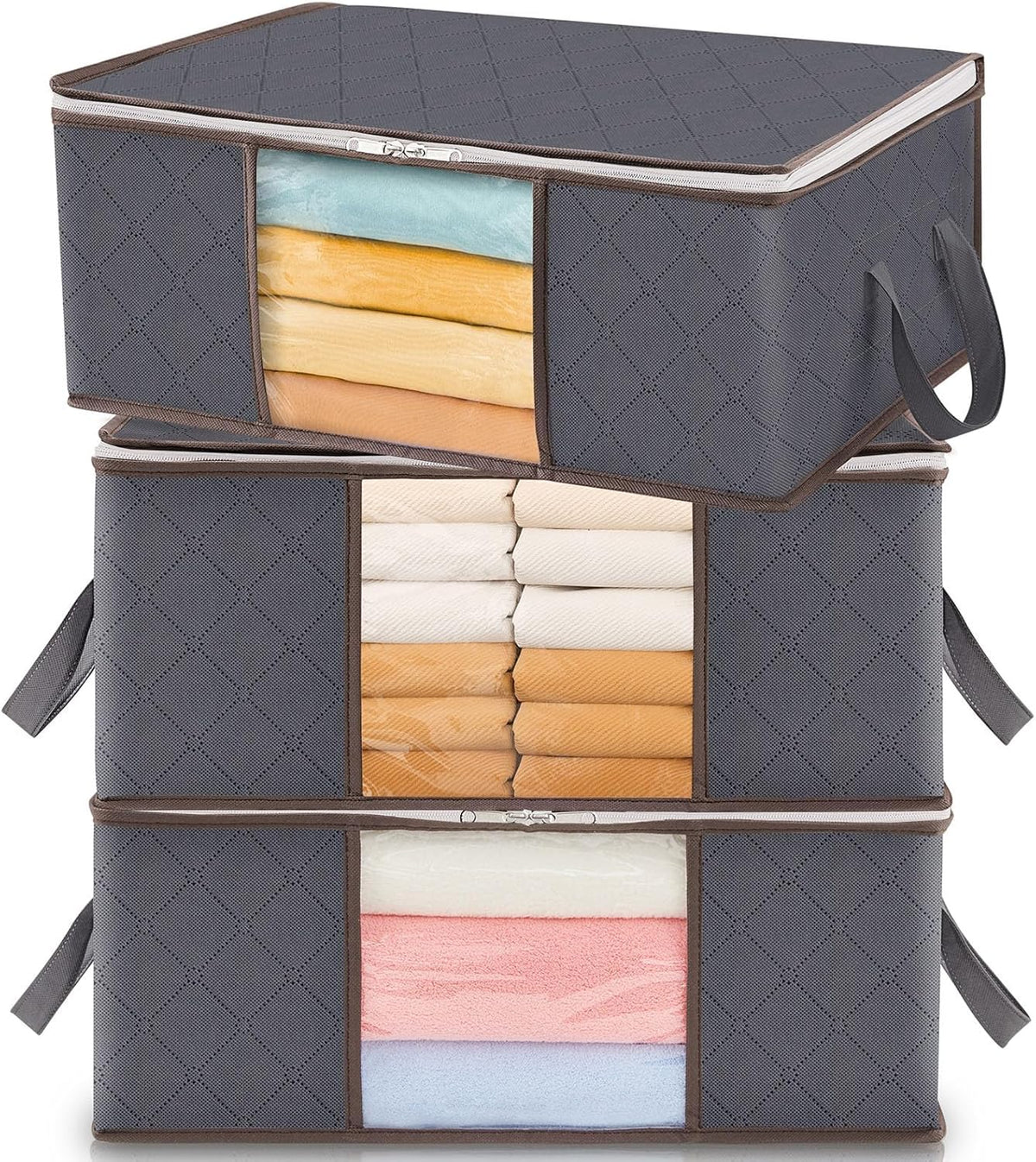 6 Pack Clothes Storage Bins with Lids, Foldable Blanket Storage Bags with Zippers, Clear Window and Reinforced Handles, Closet and Organization for Clothing, Sweater, Comforter, Bedding