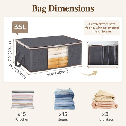 6 Pack Clothes Storage Bins with Lids, Foldable Blanket Storage Bags with Zippers, Clear Window and Reinforced Handles, Closet and Organization for Clothing, Sweater, Comforter, Bedding