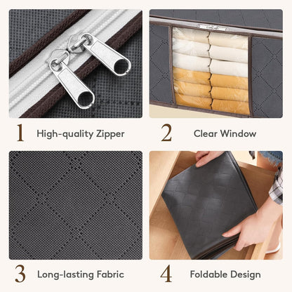 6 Pack Clothes Storage Bins with Lids, Foldable Blanket Storage Bags with Zippers, Clear Window and Reinforced Handles, Closet and Organization for Clothing, Sweater, Comforter, Bedding