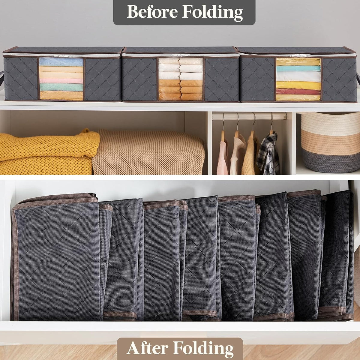 6 Pack Clothes Storage Bins with Lids, Foldable Blanket Storage Bags with Zippers, Clear Window and Reinforced Handles, Closet and Organization for Clothing, Sweater, Comforter, Bedding