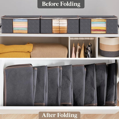 6 Pack Clothes Storage Bins with Lids, Foldable Blanket Storage Bags with Zippers, Clear Window and Reinforced Handles, Closet and Organization for Clothing, Sweater, Comforter, Bedding