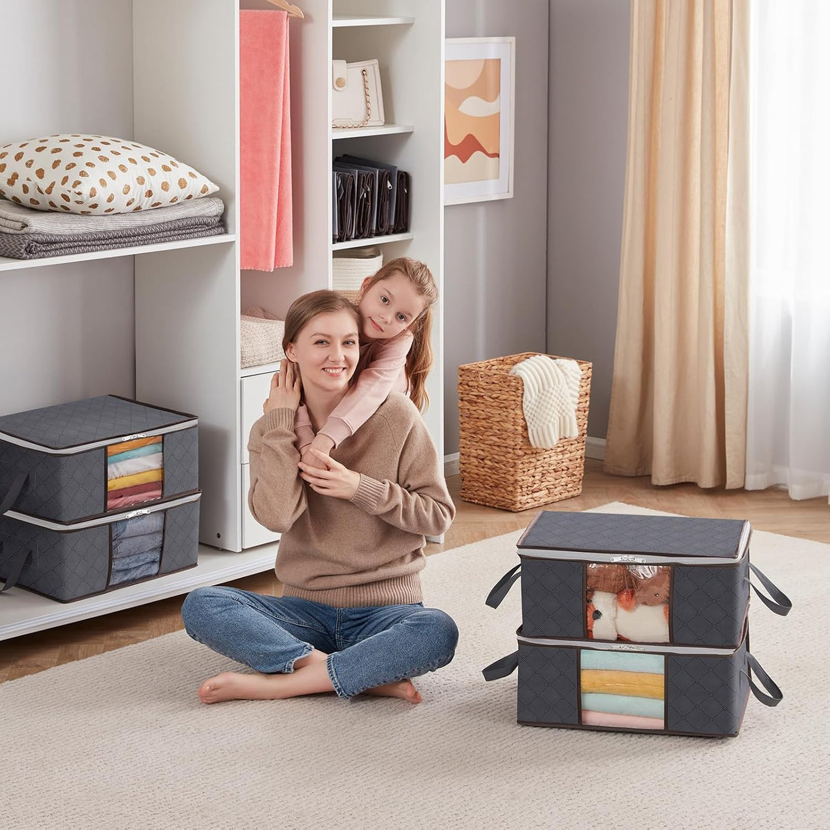 6 Pack Clothes Storage Bins with Lids, Foldable Blanket Storage Bags with Zippers, Clear Window and Reinforced Handles, Closet and Organization for Clothing, Sweater, Comforter, Bedding