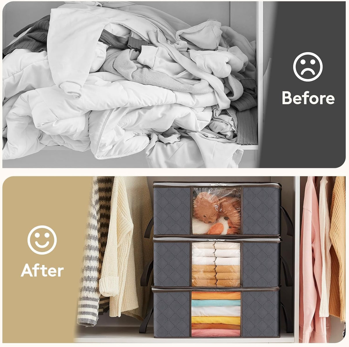 6 Pack Clothes Storage Bins with Lids, Foldable Blanket Storage Bags with Zippers, Clear Window and Reinforced Handles, Closet and Organization for Clothing, Sweater, Comforter, Bedding