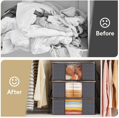 6 Pack Clothes Storage Bins with Lids, Foldable Blanket Storage Bags with Zippers, Clear Window and Reinforced Handles, Closet and Organization for Clothing, Sweater, Comforter, Bedding