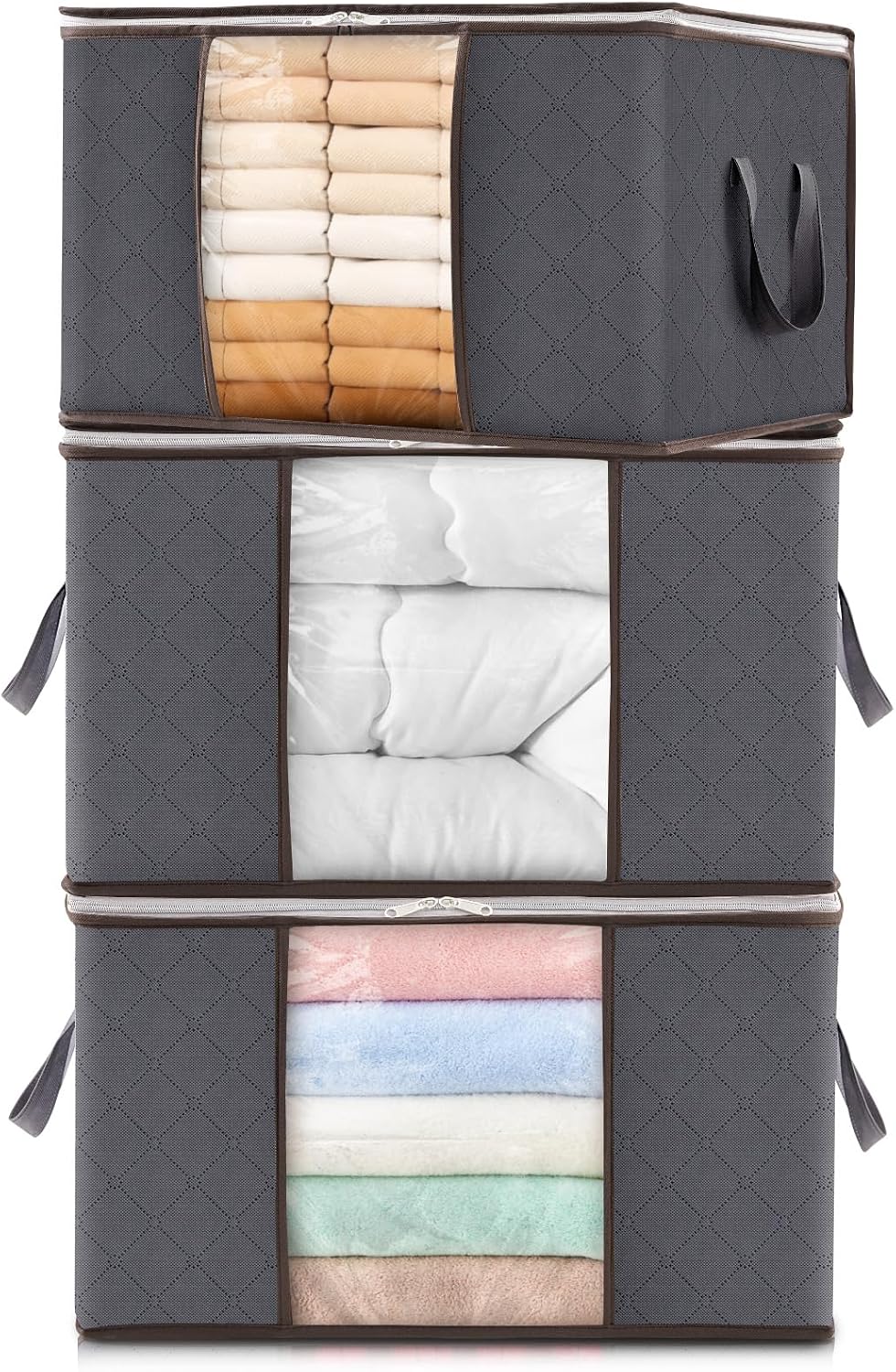 6 Pack Clothes Storage Bins with Lids, Foldable Blanket Storage Bags with Zippers, Clear Window and Reinforced Handles, Closet and Organization for Clothing, Sweater, Comforter, Bedding