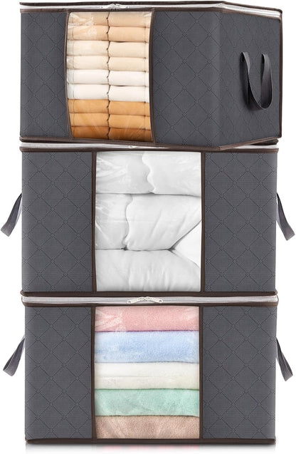 6 Pack Clothes Storage Bins with Lids, Foldable Blanket Storage Bags with Zippers, Clear Window and Reinforced Handles, Closet and Organization for Clothing, Sweater, Comforter, Bedding