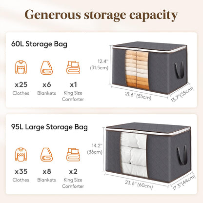 6 Pack Clothes Storage Bins with Lids, Foldable Blanket Storage Bags with Zippers, Clear Window and Reinforced Handles, Closet and Organization for Clothing, Sweater, Comforter, Bedding