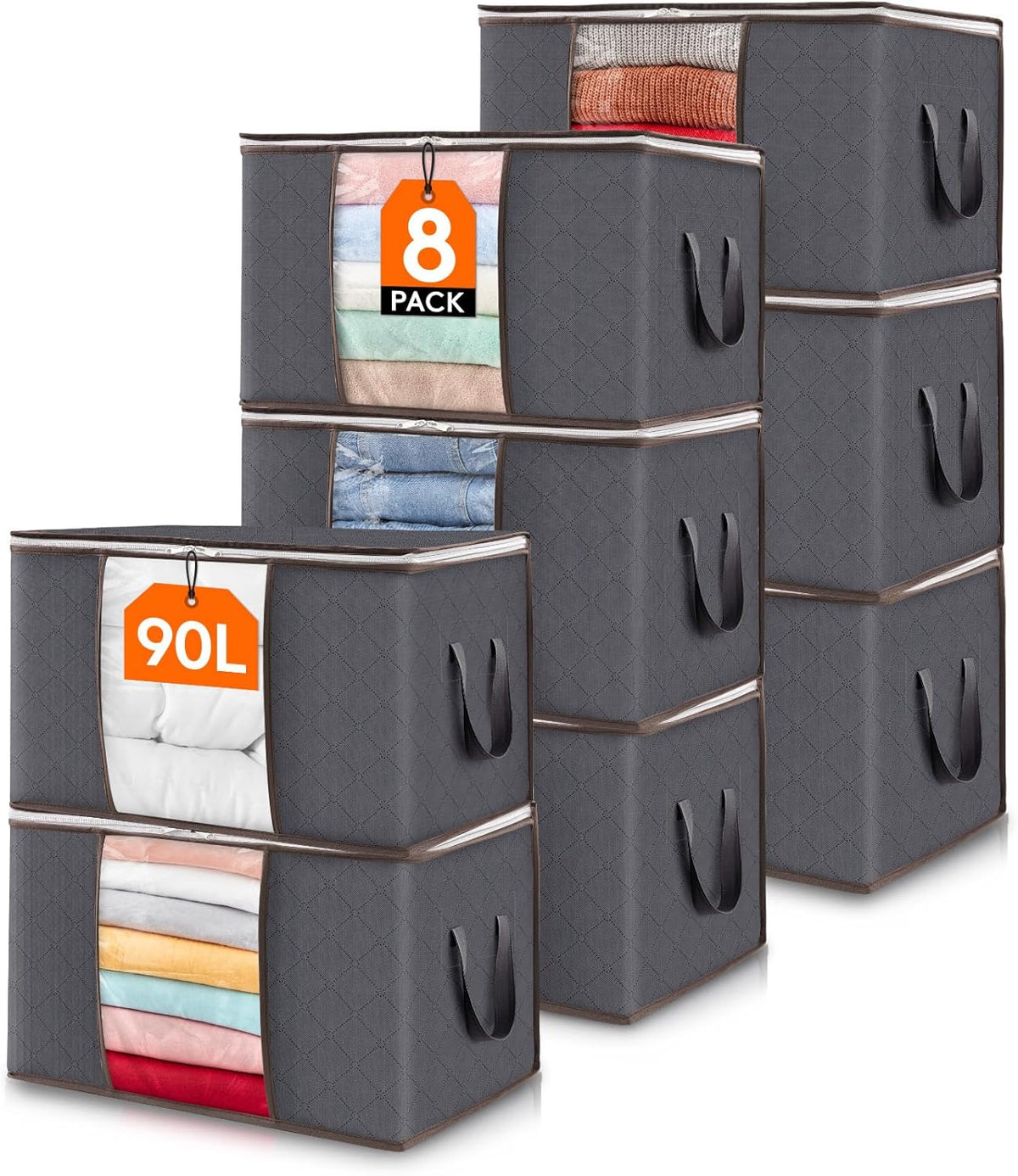 6 Pack Clothes Storage Bins with Lids, Foldable Blanket Storage Bags with Zippers, Clear Window and Reinforced Handles, Closet and Organization for Clothing, Sweater, Comforter, Bedding