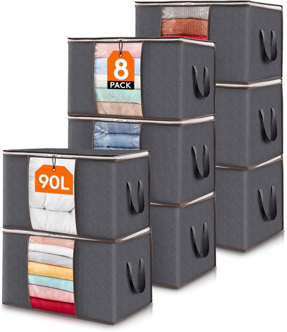 6 Pack Clothes Storage Bins with Lids, Foldable Blanket Storage Bags with Zippers, Clear Window and Reinforced Handles, Closet and Organization for Clothing, Sweater, Comforter, Bedding