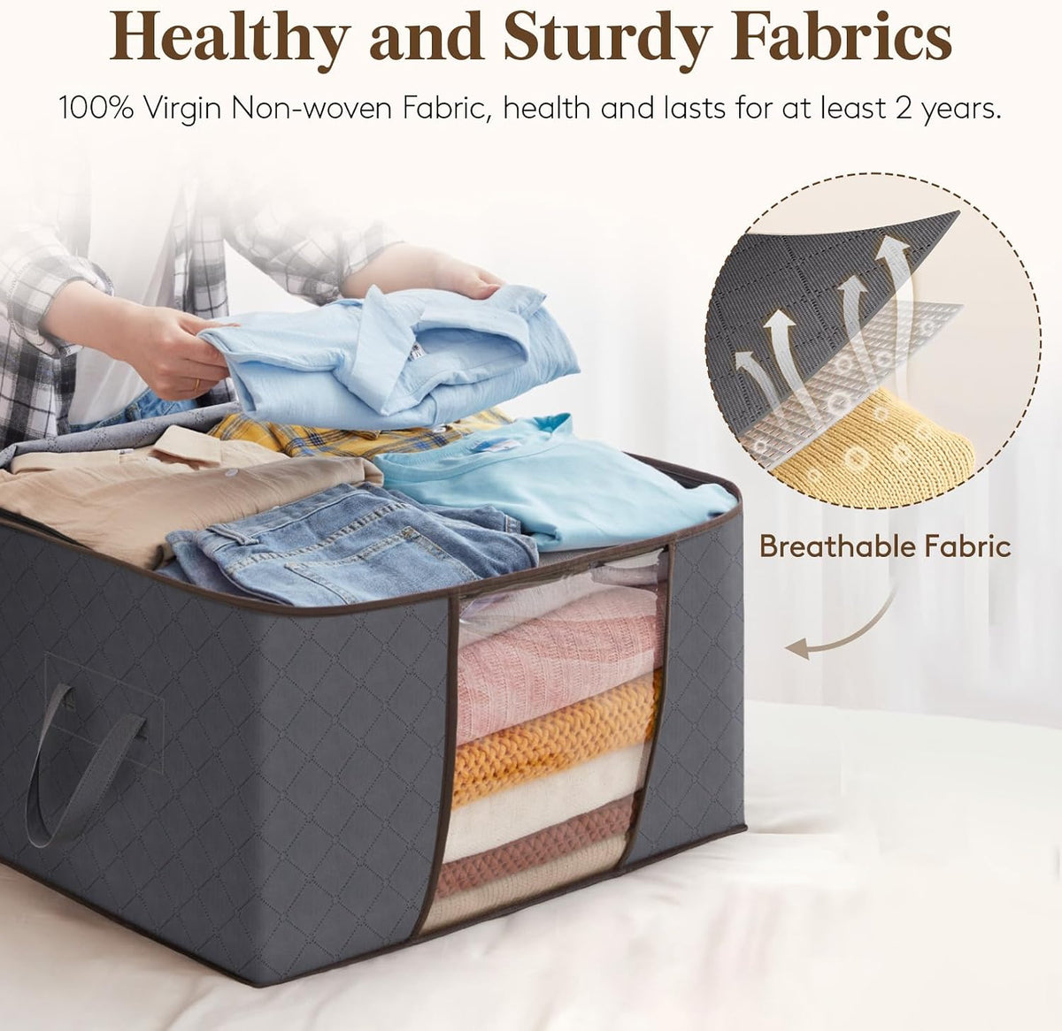 6 Pack Clothes Storage Bins with Lids, Foldable Blanket Storage Bags with Zippers, Clear Window and Reinforced Handles, Closet and Organization for Clothing, Sweater, Comforter, Bedding
