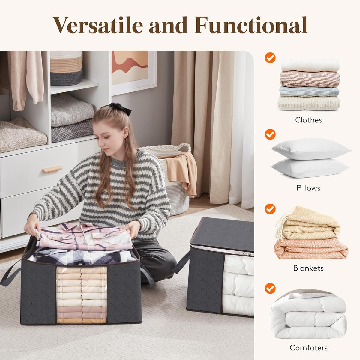 6 Pack Clothes Storage Bins with Lids, Foldable Blanket Storage Bags with Zippers, Clear Window and Reinforced Handles, Closet and Organization for Clothing, Sweater, Comforter, Bedding