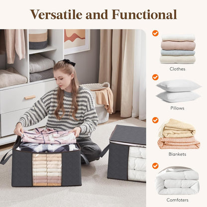6 Pack Clothes Storage Bins with Lids, Foldable Blanket Storage Bags with Zippers, Clear Window and Reinforced Handles, Closet and Organization for Clothing, Sweater, Comforter, Bedding