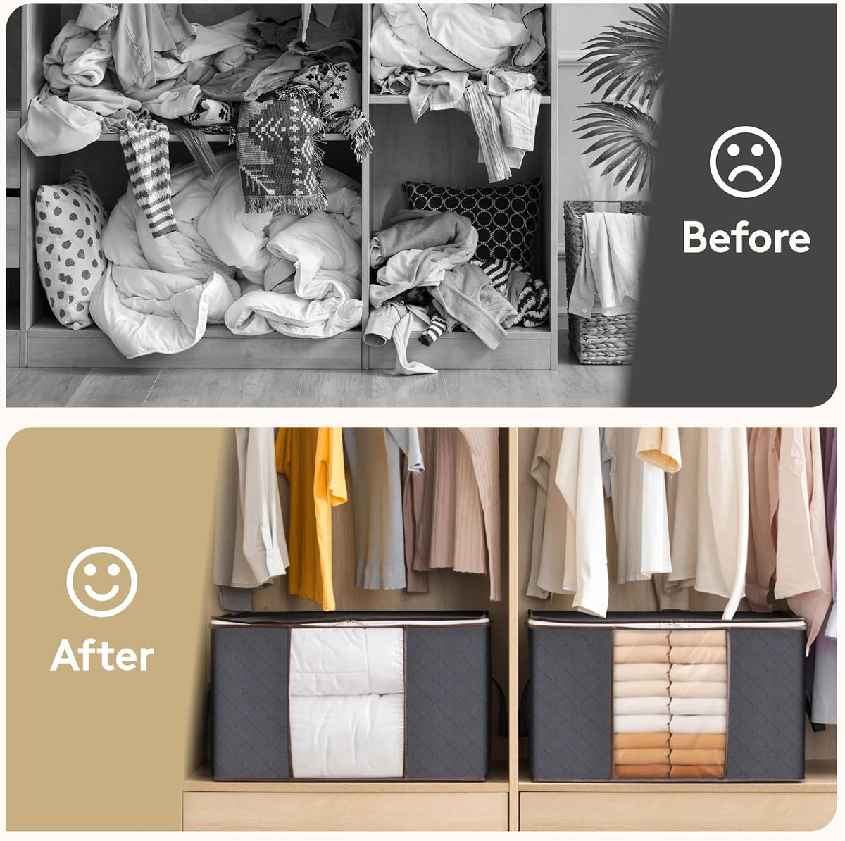 6 Pack Clothes Storage Bins with Lids, Foldable Blanket Storage Bags with Zippers, Clear Window and Reinforced Handles, Closet and Organization for Clothing, Sweater, Comforter, Bedding